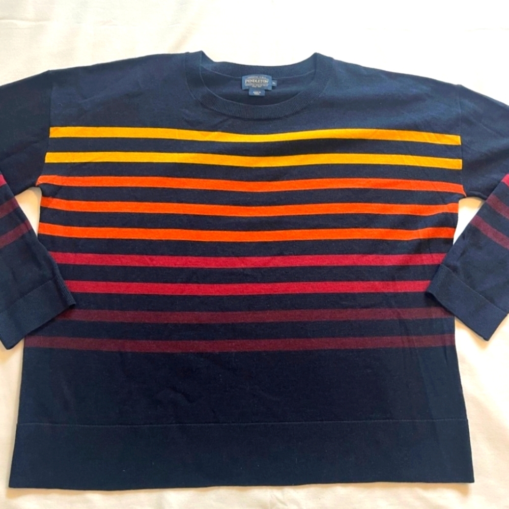 Pendleton Women's Blue YellowStriped Long Sleeve 100% MerinoWool Top XL